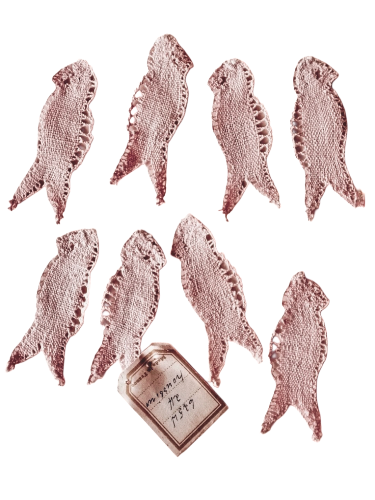 30s フランス リネン 古薔薇色のつばめとボビンレースアップリケ 2p アンティーク