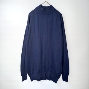 イタリア製　PER ME UOMO　モックネック　コットンニット　セーター　無地　薄手　ストライプ　ネイビー　M