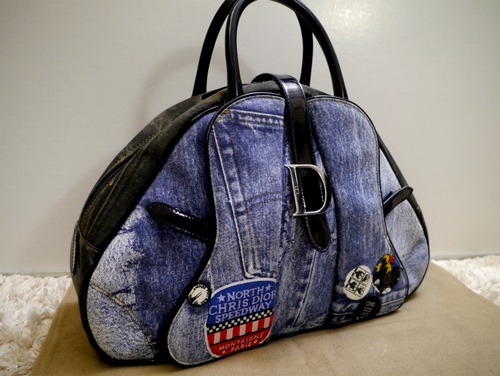 レア美品◆Christian Dior クリスチャンディオール トロンプルイユ ワッペン デニム ボストン型 トート バッグ◆ 大注目インパクトアイテム