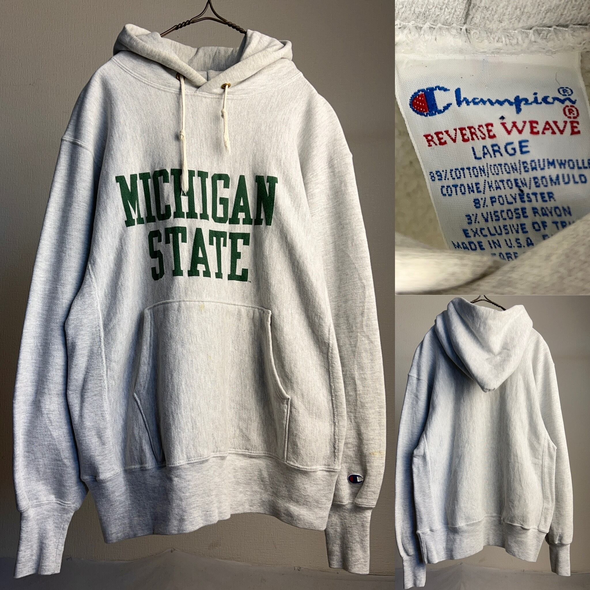 90's Champion REVERSE WEAVE Hoodie “MICHIGAN” USA製 SIZE L 90年代 チャンピオン  リバースウィーブ パーカー ミシガン州立大学【1000A849】【送料無料】