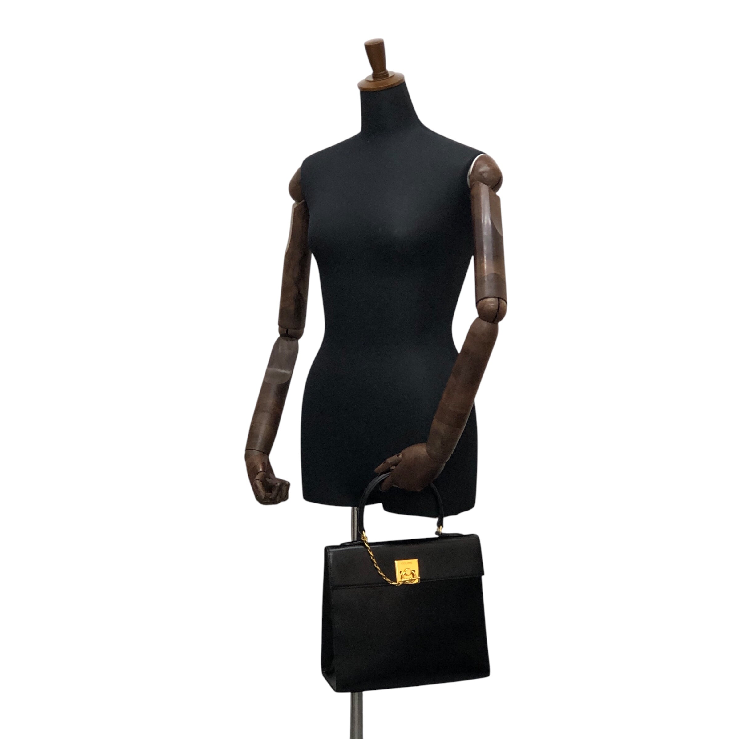 美品✨ セリーヌ ガンチーニ ハンドバッグ トップハンドル ロゴ型押し ブラック CELINE セリーヌ ハンドバッグ ブラック ガンチーニ チェーン レザー