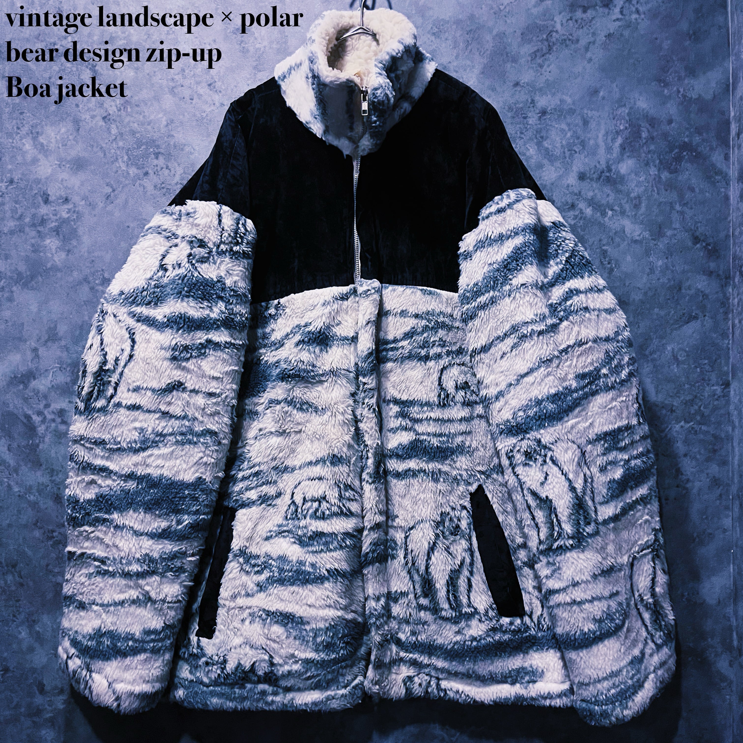 【 doppio】vintage landscape × polar bear design zip-up Boa jacket