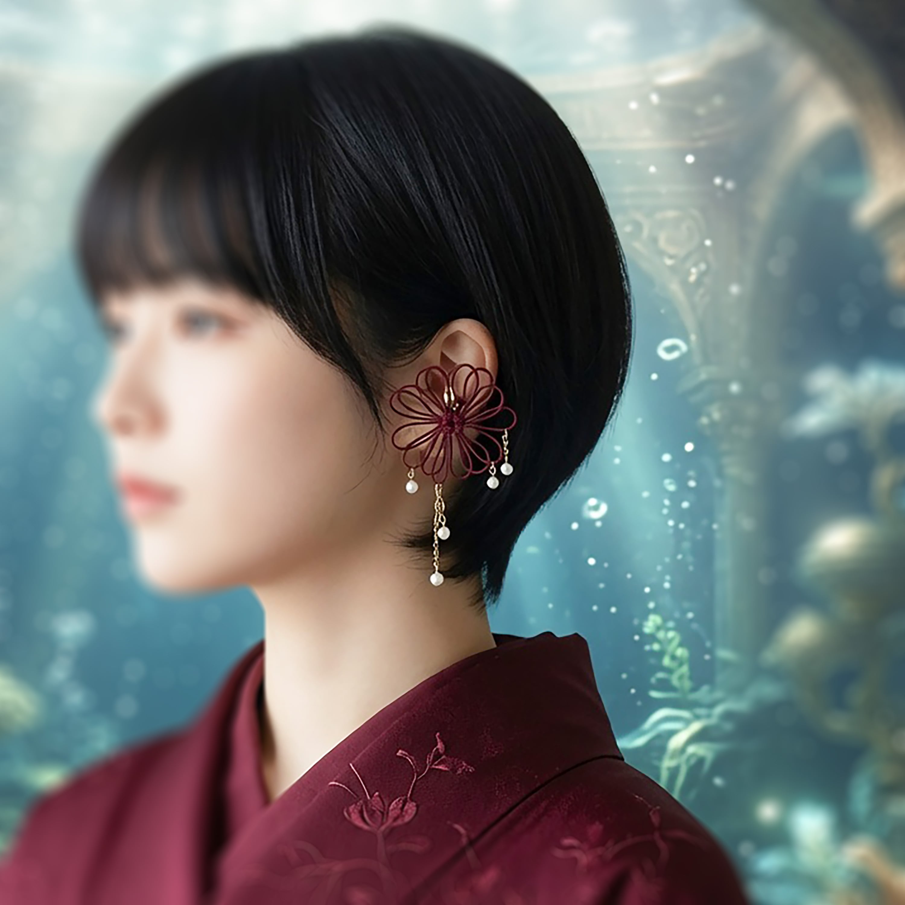 飾り結びかたっぽイヤーカフ「善ク清ク」【軽量】+グラスパールで浴衣・着物・洋服に。
