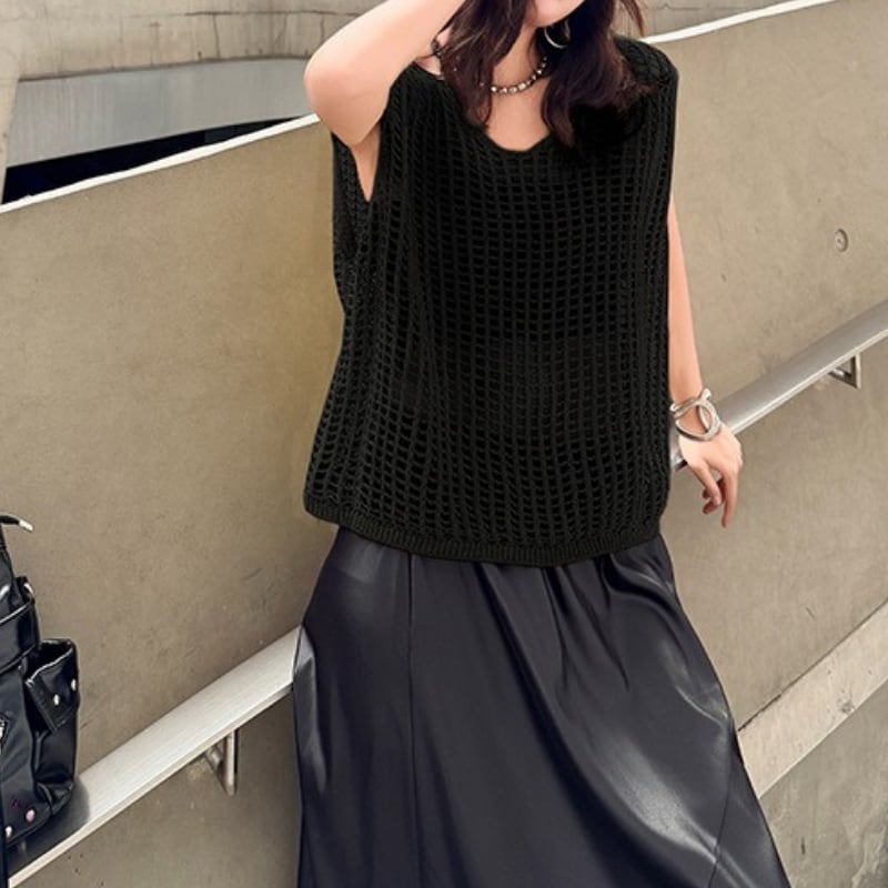 ノースリーブ スリットネック オーバーサイズ ニットトップス 2color PU0497