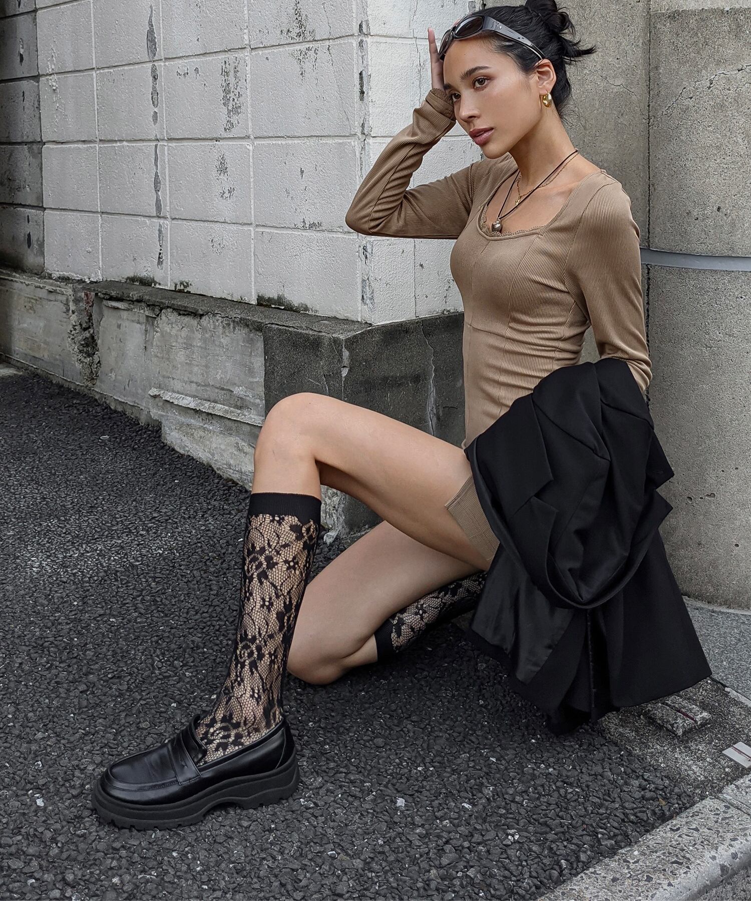 ACLENT Point lace rib mini dress ブラック