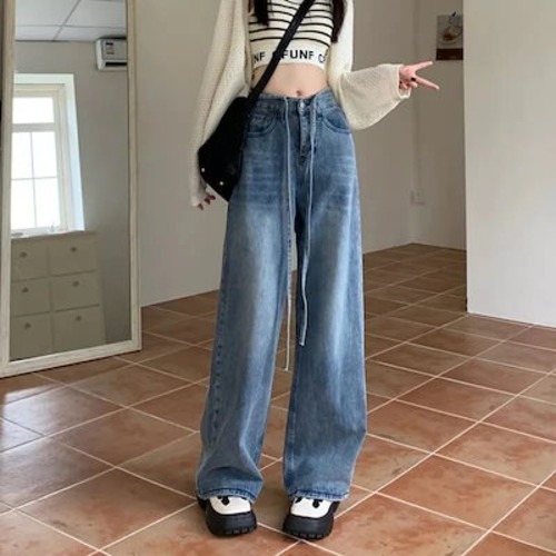 春 夏レトロ ジーンズ レディース 新作 ハイウエスト ワイドパンツ スリム見え オールマッチ ストレート ドレープ感 流行りひんやりボトムス