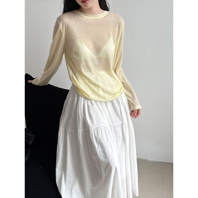 【カットソー】シースルー カットソー レディース おしゃれ 長袖 カットソー tシャツ 春 夏 秋 20代 30代 40代 50代 半袖 レディース トップス 大人 可愛い きれいめ オフホワイト 白 イエロー グリーン 緑 ブルー 水色 ダークグレー ブラック 黒