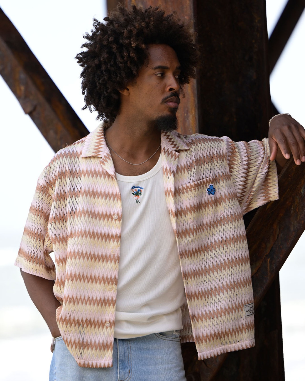 【#Re:room】ZIGZAG PATTERN MESH OPEN COLLAR SHIRT［RES130］
