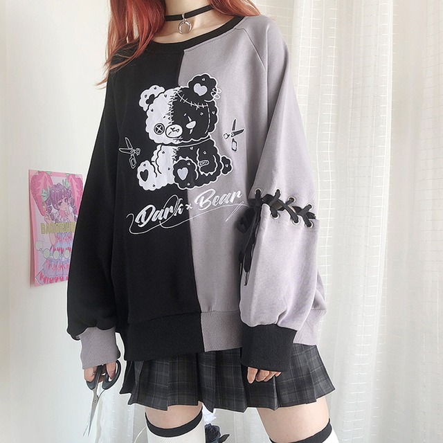 天使と悪魔 Catwish ゴスロリ系 春服 Jkスタイル トレーナー 病み可愛い クマちゃん ハサミ バイカラー 編み上げスリーブ オルチャン 10代 代 天使と悪魔 サブカル系ファッション Seasonz