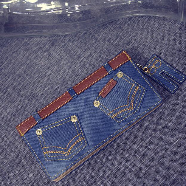 デニム&PUレザー 長財布 ブルー 