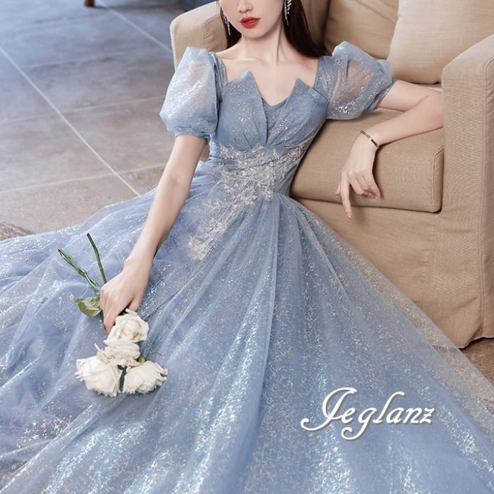 パーティ イブニングドレス チュール 背中 編み上げ ラメ 光沢感 3色 ♪(M6281)ζ