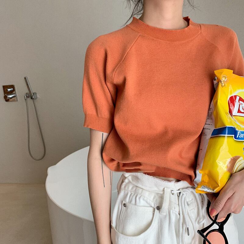 サマースタイルスリムシャツ クロップドトップス ラウンドネックプルオーバー セーター レディース 夏物 Oネック 試着室75976531009
