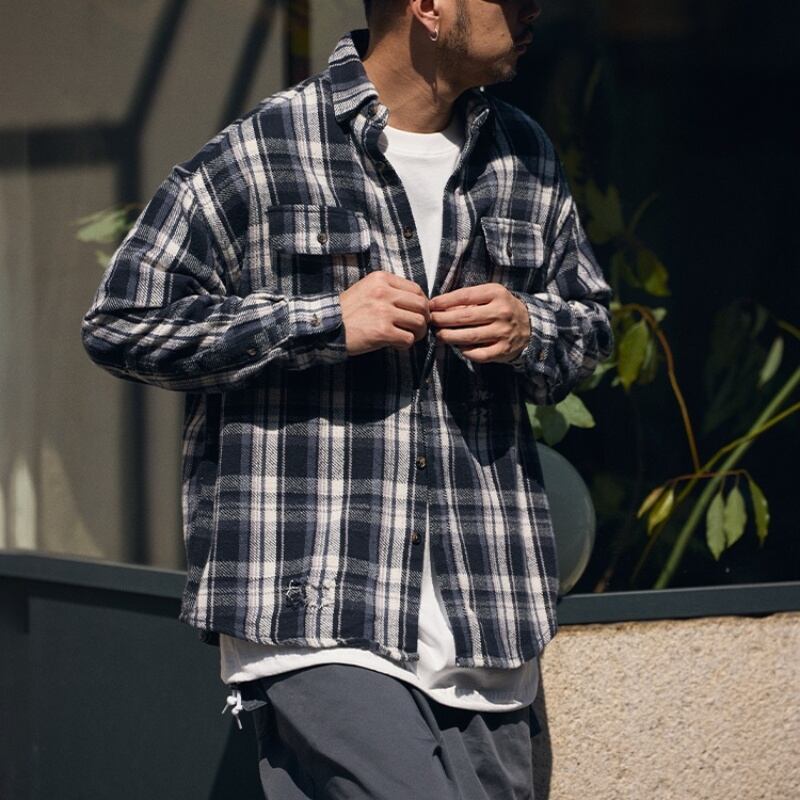 フラップポケット付きダメージ加工オーバーシャツ A18710