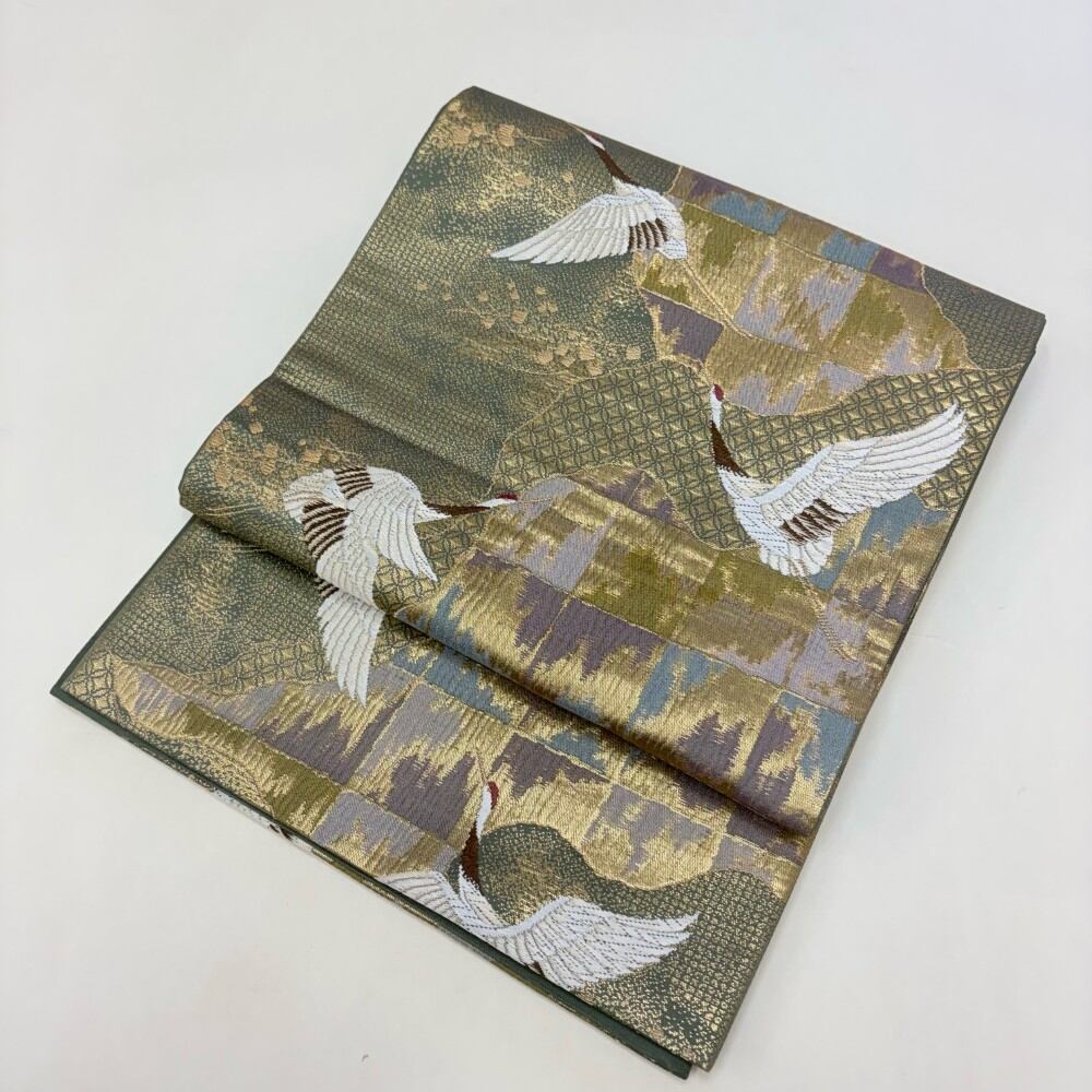 中古 礼装袋帯 正絹 鳥、動物、魚 六通柄 グリーン Bランク 427cm 6069