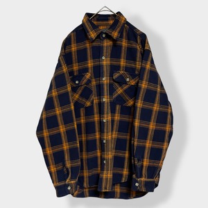 【EDWIN】90s ネルシャツ 長袖シャツ フランネル ヘビーネル 厚手 チェック柄 柄シャツ フラップポケット ネイビー オレンジ LARGE エドウィン 旧タグ US古着