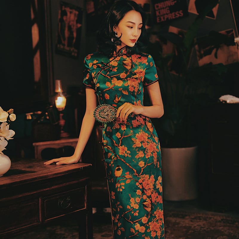 高級品・シルク】 ロング丈チャイナドレス チャイナ風ワンピース