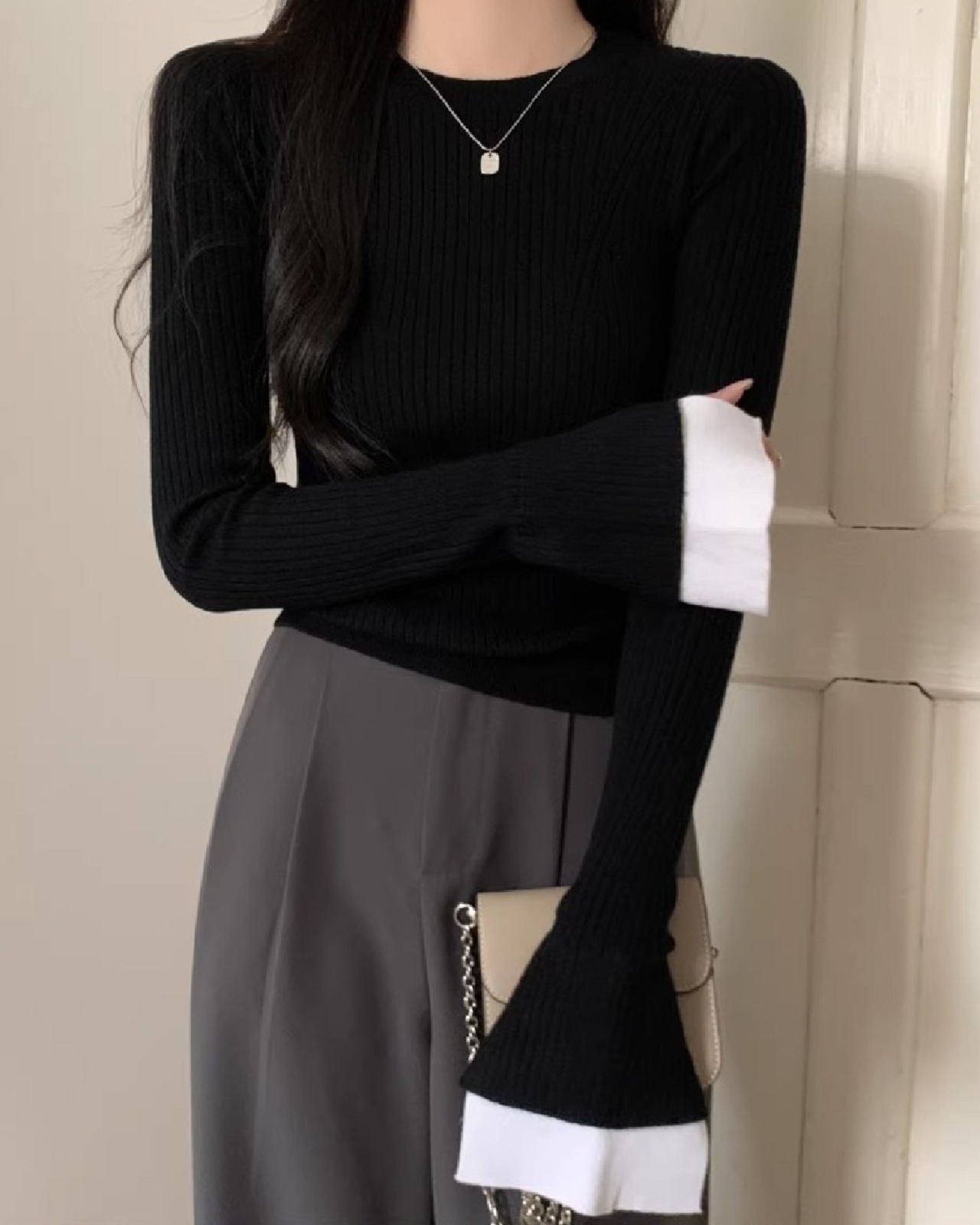 フレアスリーブ クルーネック リブニット 2color A0834 - 2