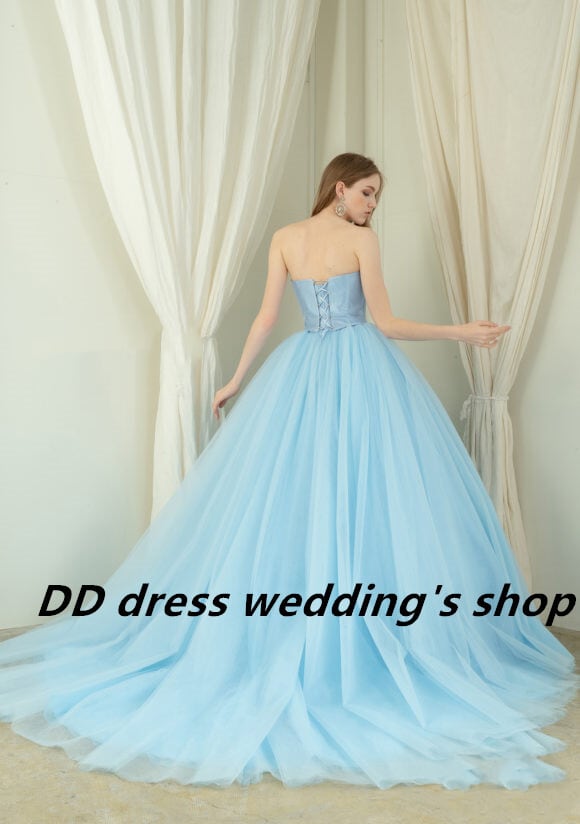 フランス風カラードレス 水色 ベアトップ プリンセスライン 憧れの  
