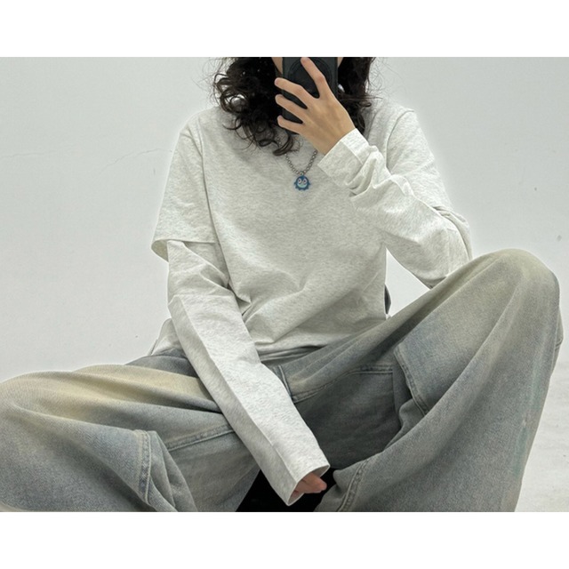 layered style plain long tee　レイヤード風無地ロングティー　J0835