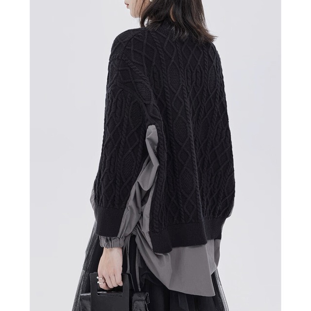 Mixed fabric cable knit top C1399