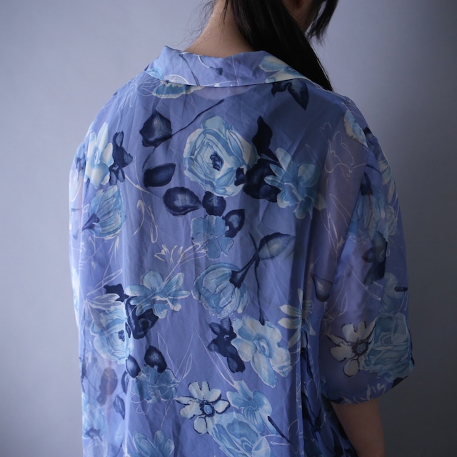 cold color beautiful flower pattern over silhouette h/s see-through shirt