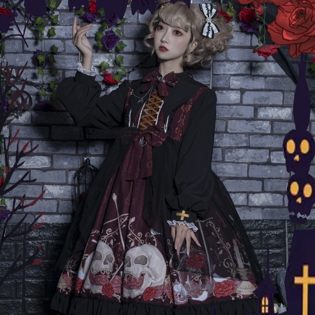 ゴスロリ通販 With U ゴスロリワンピース 薔薇 スカルプリント柄 病み可愛い ハイウエスト リボン ゴスロリ