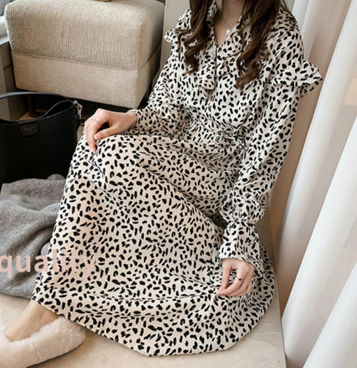 ダルメシアン柄ワンピース レディース ワンピース ロングワンピース フレアワンピース 総柄 ダルメシアン アニマル柄 カジュアル フェミニン 大きいサイズ 大人 可愛い 入学式 二次会 体型カバー 細見え シンプル キャンディースリーブ 2118 Sayurio レディース