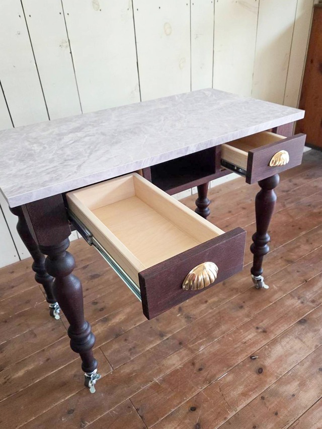 引出し&キャスター付きネイルテーブル大理石860 (アンティーク調ろくろ足ネイルデスク) W860×D450 かわいいドレッサー