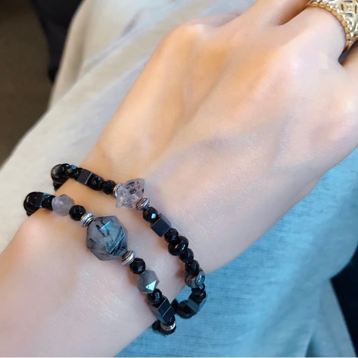 ブラックルチルクォーツ×オニキス×水晶 デザインブレス