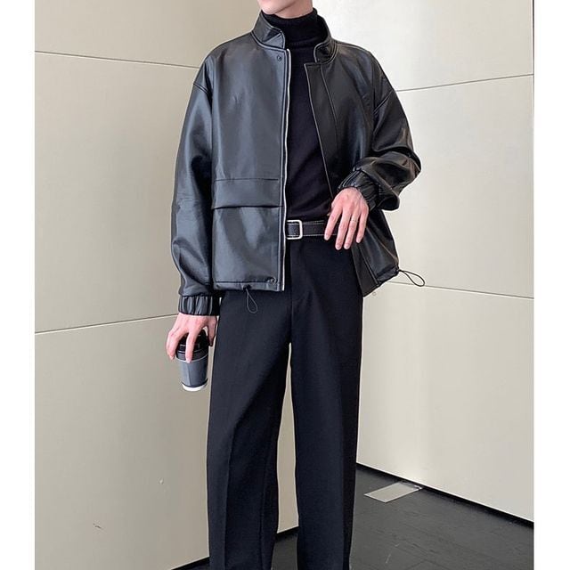 予約販売】レザージャケット メンズ ショート丈 アウター 革ジャン 黒