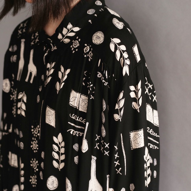 animal and flower pattern l/s rayon shirt