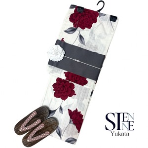 浴衣ジェンヌ 浴衣5点セット 白地にダークレッドのダリア ゆかた 半幅帯 浴衣