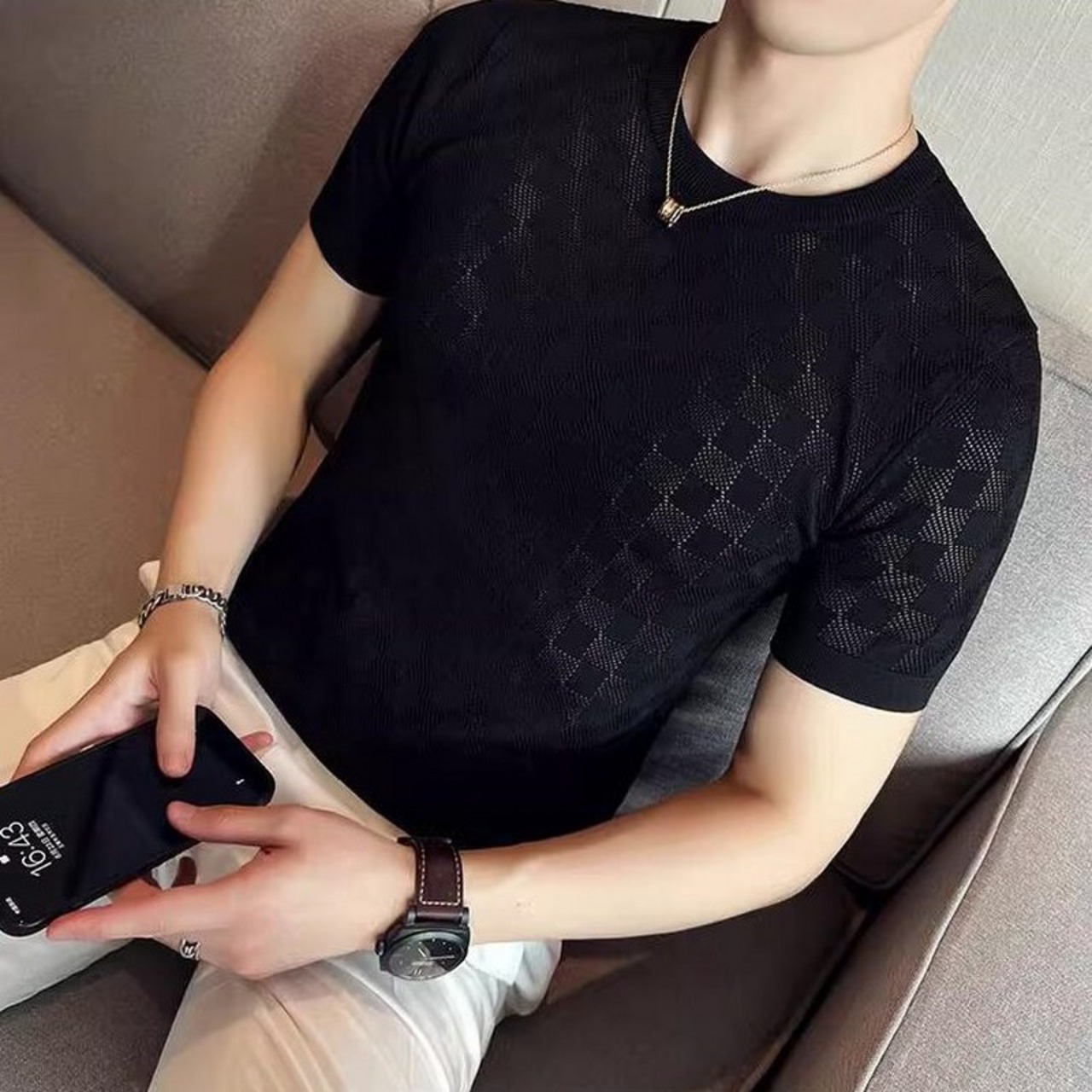 ice silk plaid T-shirt 00132