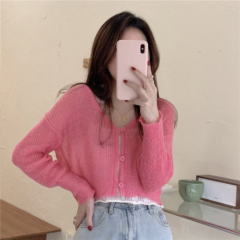 ニットセーター 薄手ショートスリムカーディガンジャケット スプリングサマーVネックトップス ピンク 春物 夏物 ブラックストロベリース85322036863