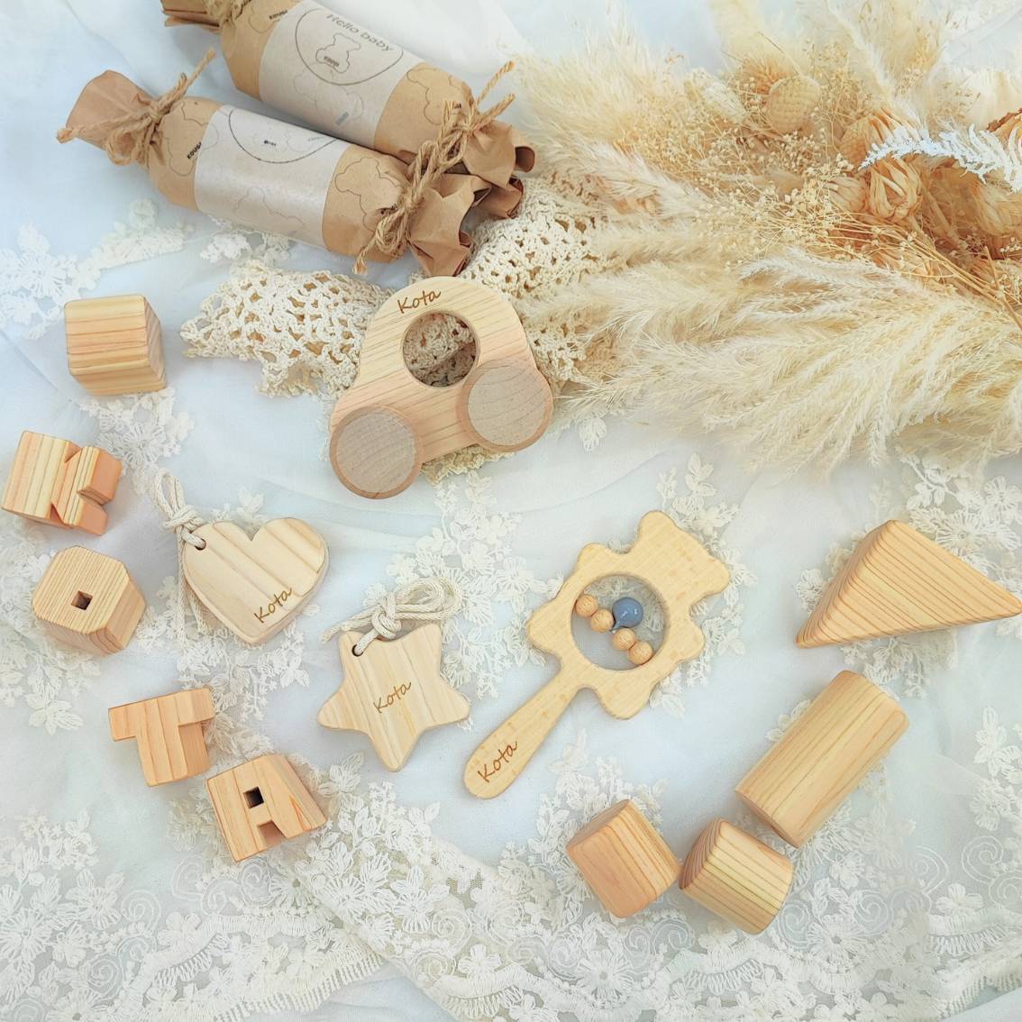 送料無料】木のおもちゃ5点set・おなまえ積み木Sサイズ♡名入れ出産