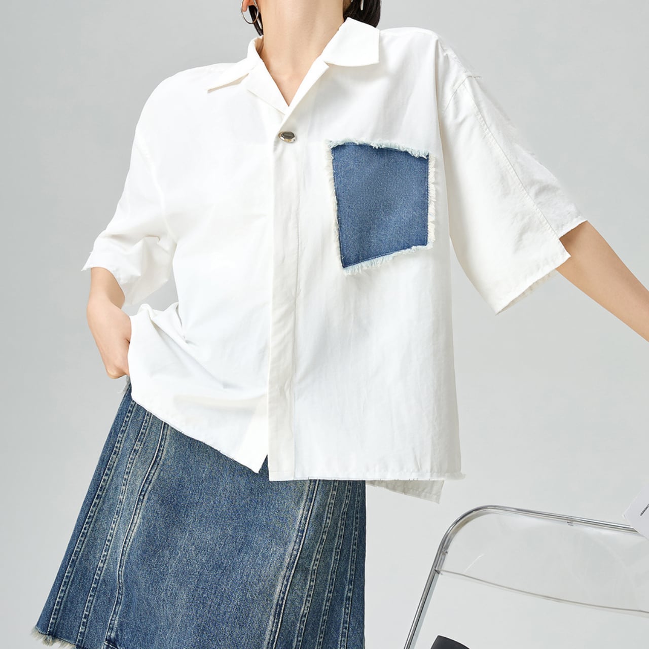 Denim patchwork white shirt S1281