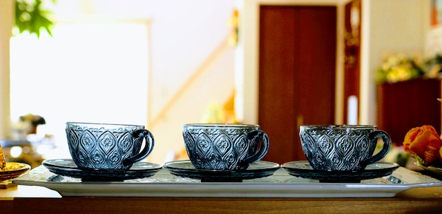 【DULTON ダルトン】GLASS CUP & SAUCER ''FIORE'' BLUE}