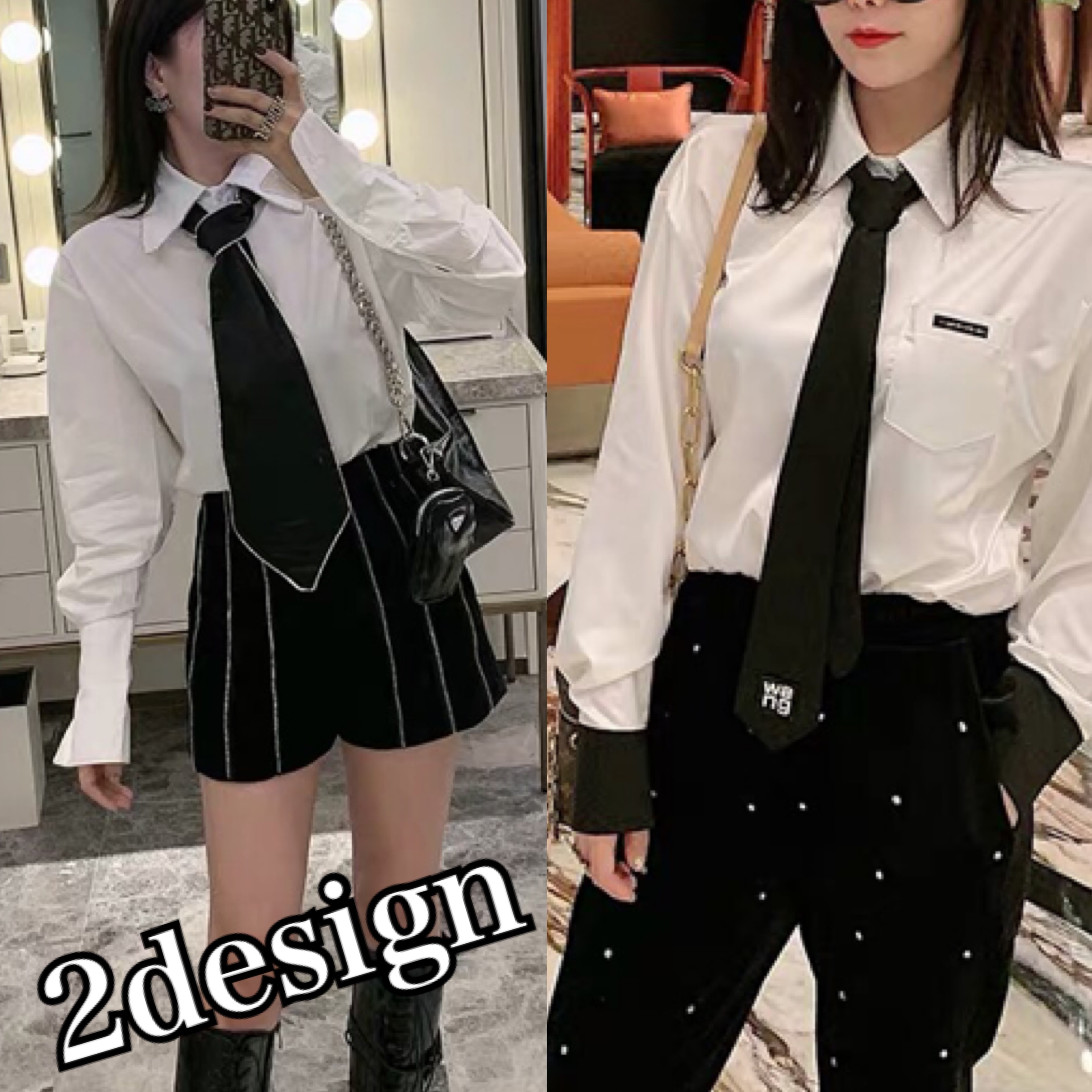 2デザイン】ネクタイ ブラック 黒 ホワイト 白 ブラウス シャツ モード