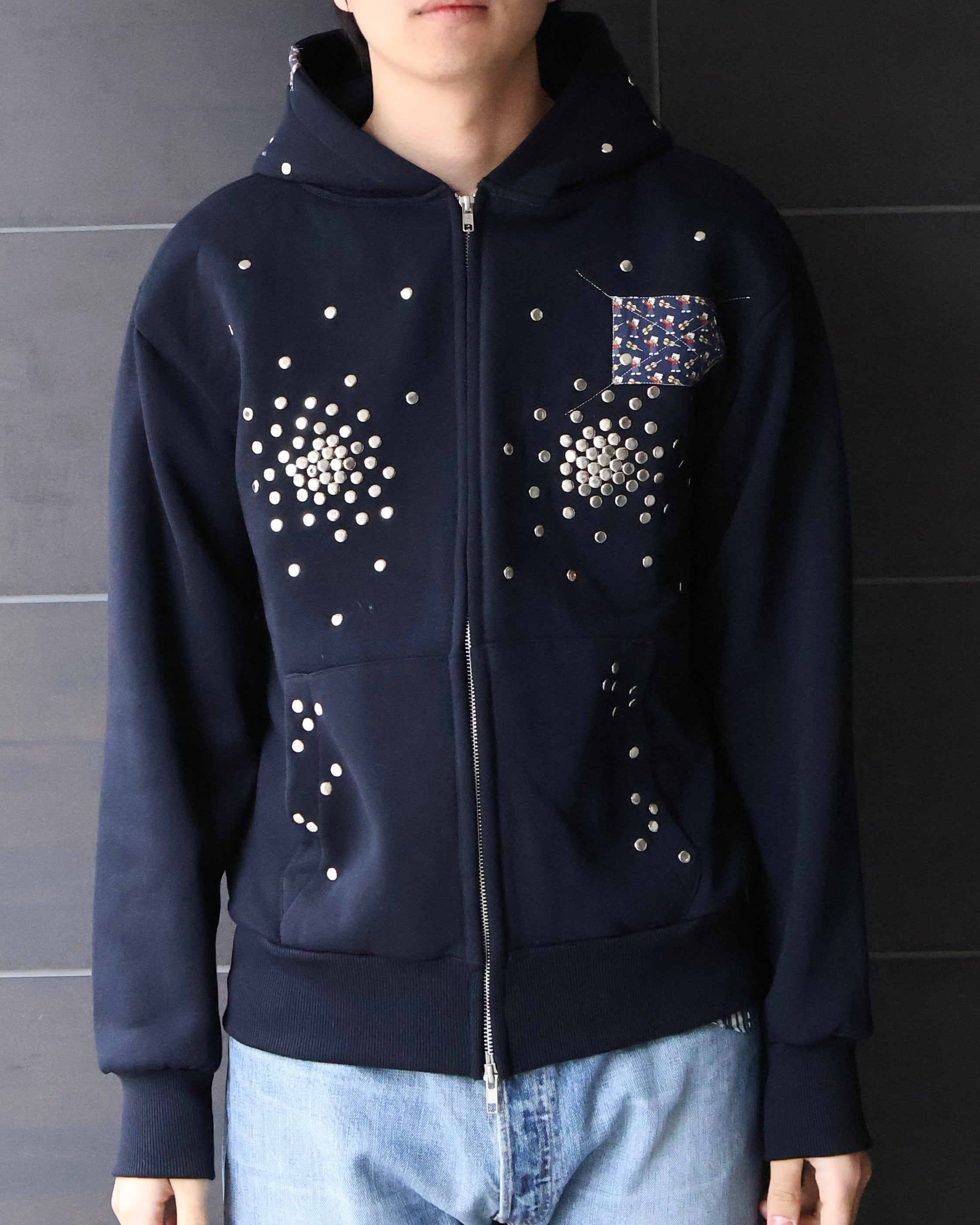 Hannah Creak】Studded Hoodie Double Zip Grey | blendmarket