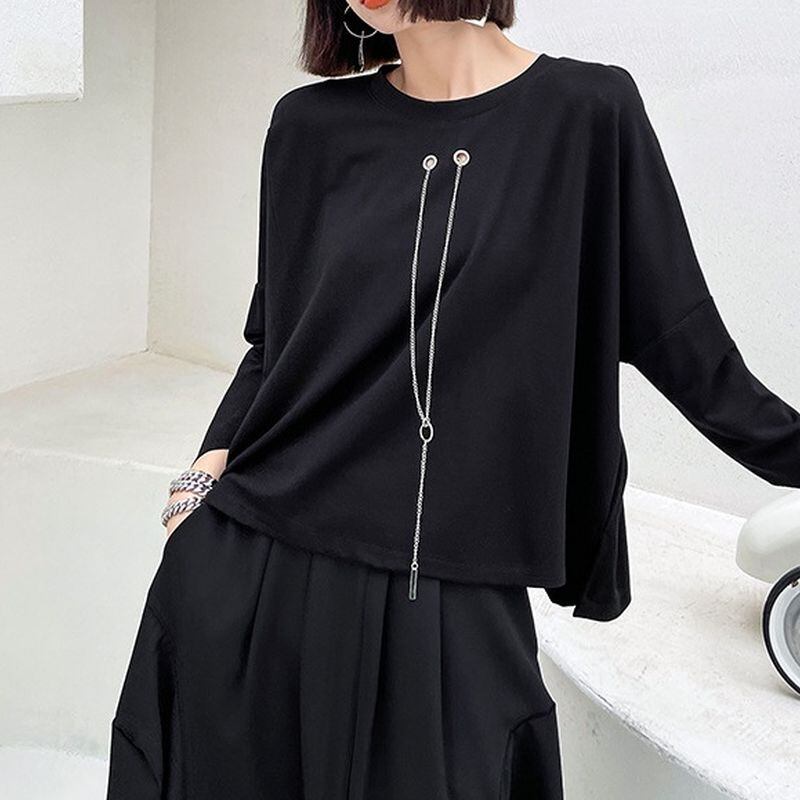 七分袖ラウンドネックチェーン付きTシャツ T0209