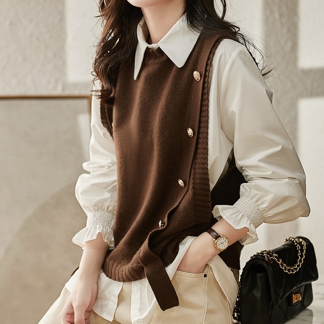 ニット ドッキングブラウス トップス 送料無料 4色 長袖 レディース ボリューム袖 透け感 かわいい 大人可愛い 大人ガーリー ガーリー 春 春コーデ 秋 秋コーデ エレガント 上品 10代 20代 学生 外出 お出かけ 休日ファッション コーディネート ファッション オフィス オフィスカジュアル 韓国系 ファッション コーデ 着回し 普段着 S M L XL 2XL 3XL 4XL ブラウン グレー ブラック レッド 体型カバー ハイネック カジュアル おしゃれ きれいめ フリル ブラウス