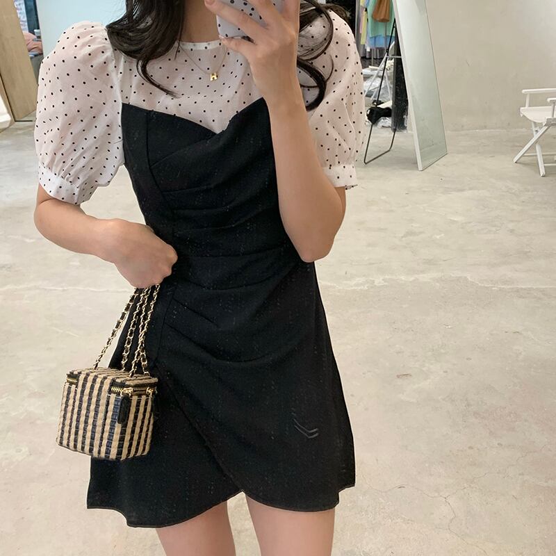 スリーブドレス サマーAラインハイウェストウェスト薄手スカート 大人ガーリー スウィート キュート カジュアル 夏物 ステッチ ビッグFスモールZ韓国58927863593