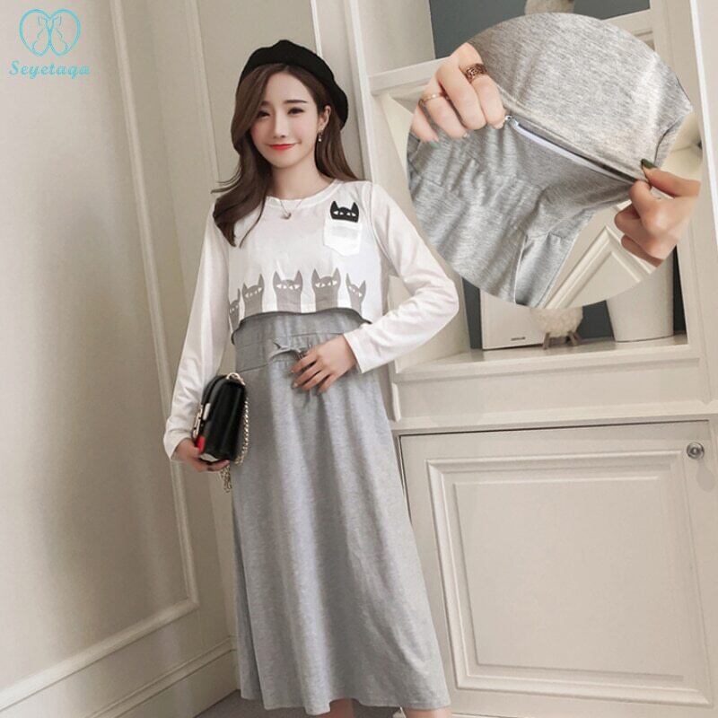 【新作】【送料無料】 6110＃2PCS /セットコットンマタニティナーシングロングドレス母乳育児服妊婦秋秋春妊娠授乳 スプリング 春物 オータム 秋物 AL expec446950297880