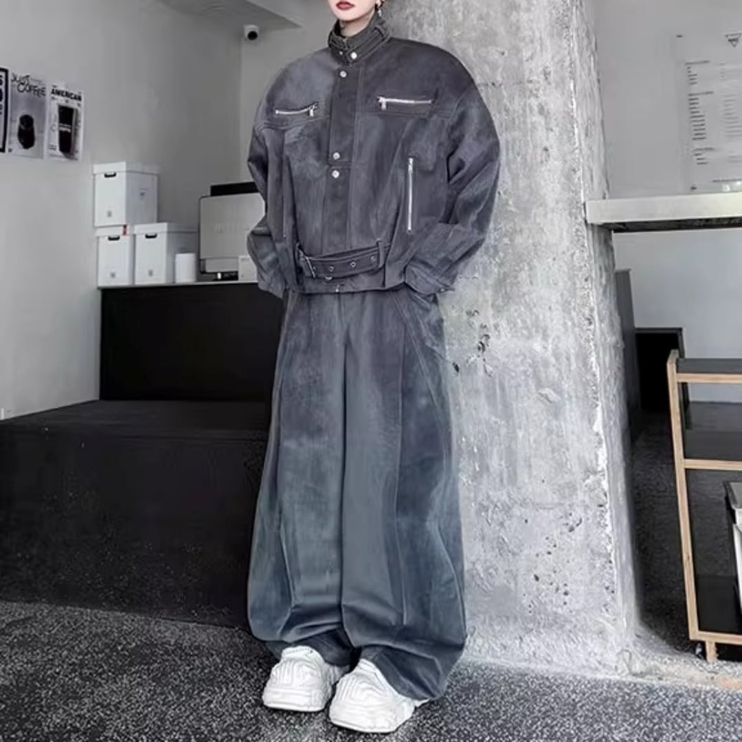 モードストリート ベルト付きジャケット&ワイドパンツセットアップ 2カラー D12051