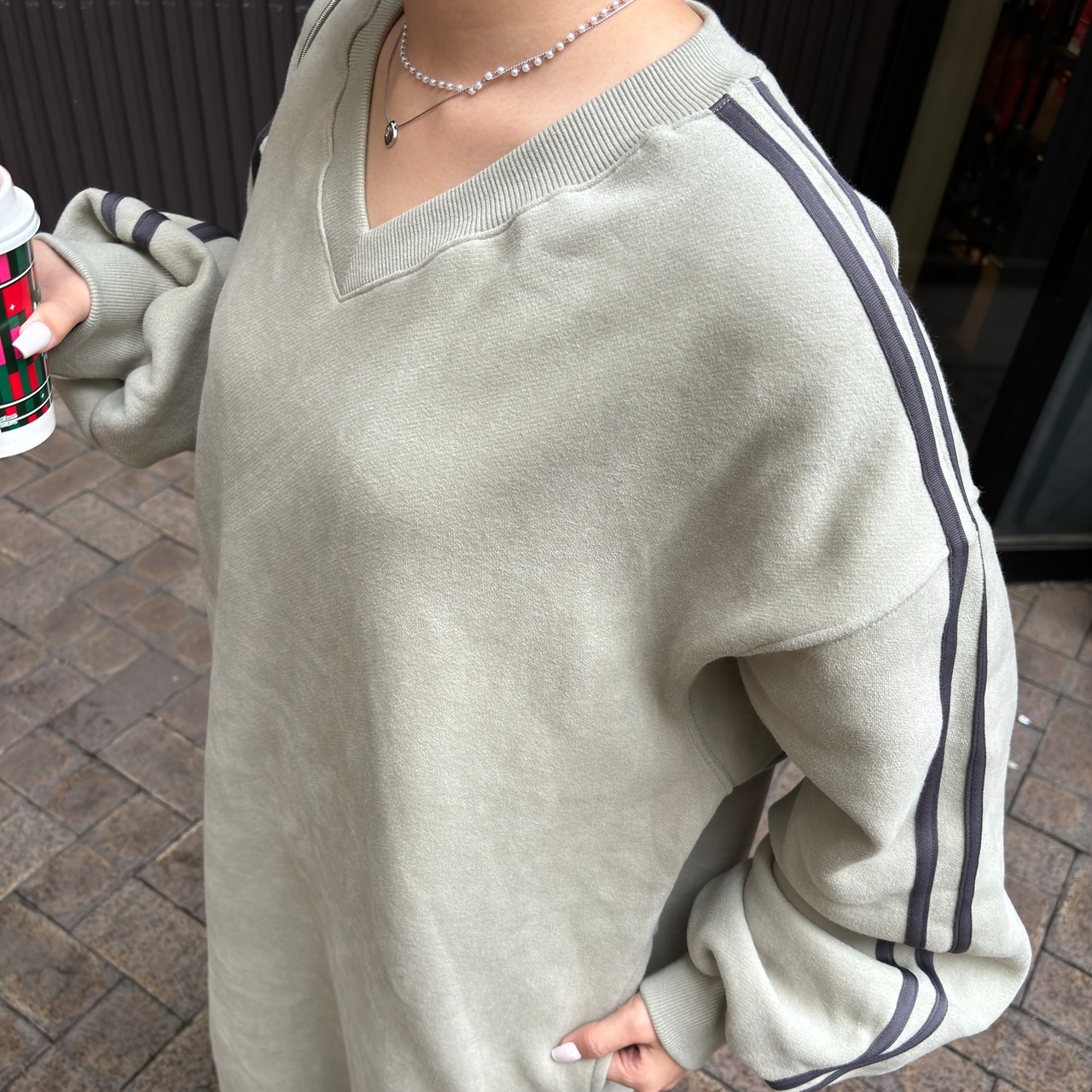 V neck balloon long line ラインスウェットワンピース／khaki beige