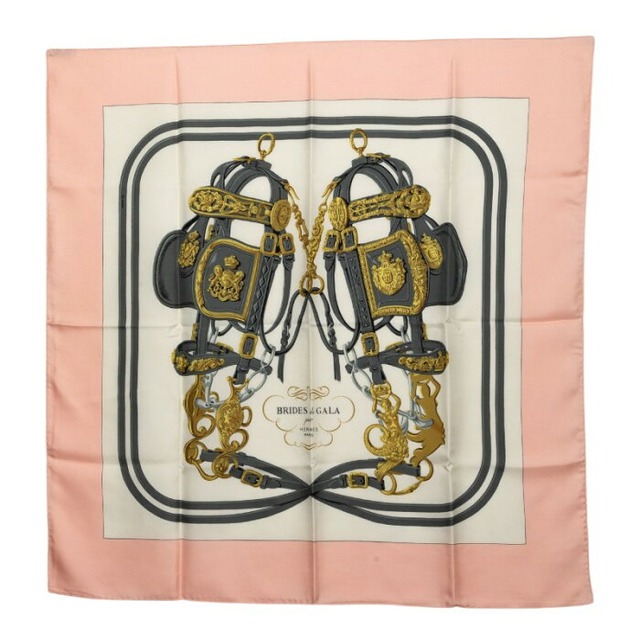 エルメス カレ90 BRIDES de GALA 式典用の馬勒 スカーフ ピンク アイボリー シルク レディース HERMES 【中古】