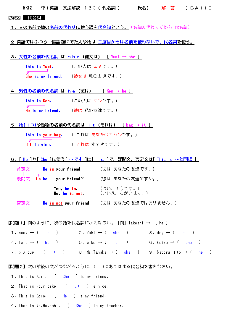 中１英語の文法解説プリントの問題と解答セット よくわかる中学英語 数学の問題プリント