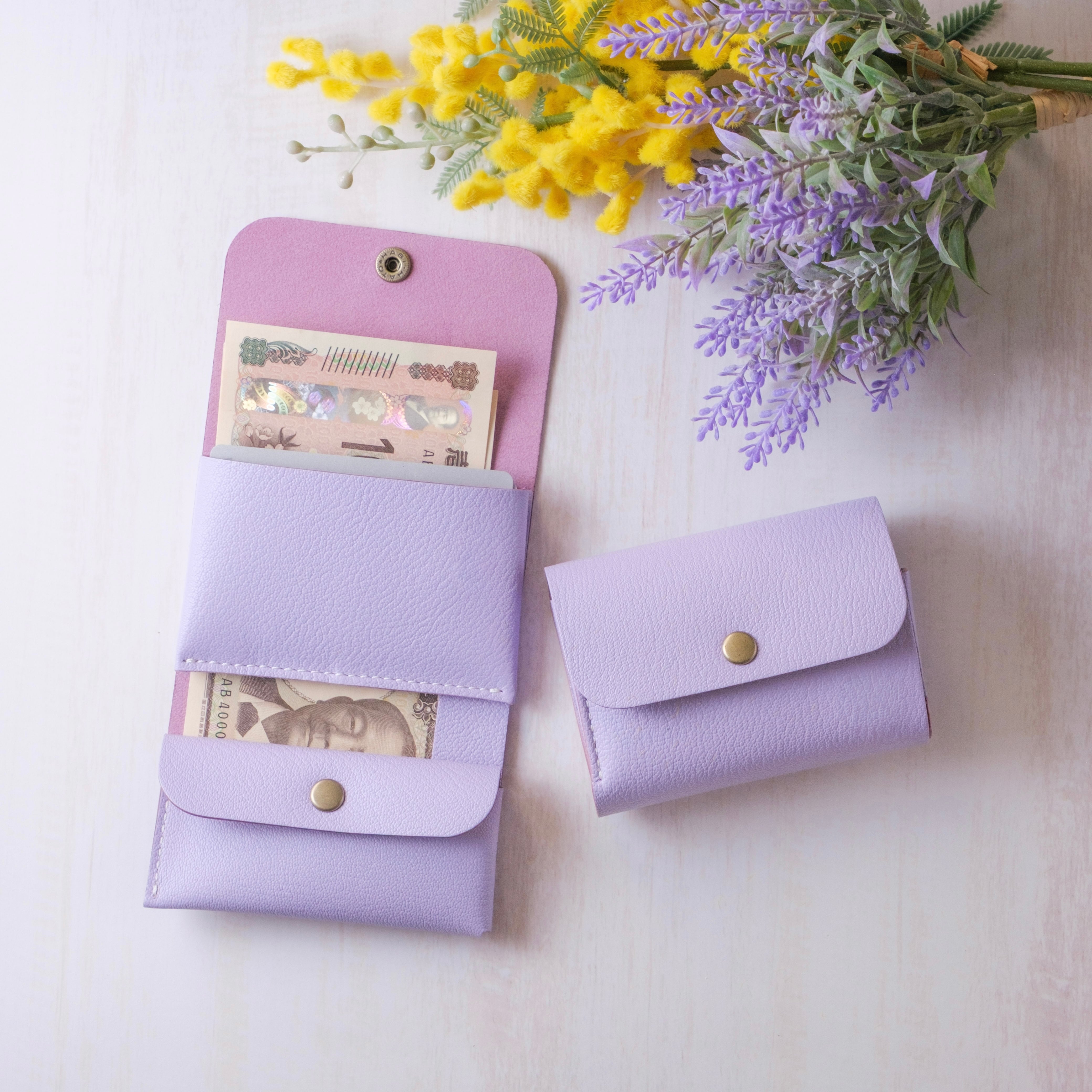 ラベンダー/高級山羊革|お札を折らないふっくら可愛い三つ折りミニ財布|レザー 本革/革財布|コンパクト