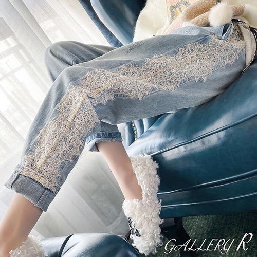 デニム　ボトムス　パンツ　レースパンツ
