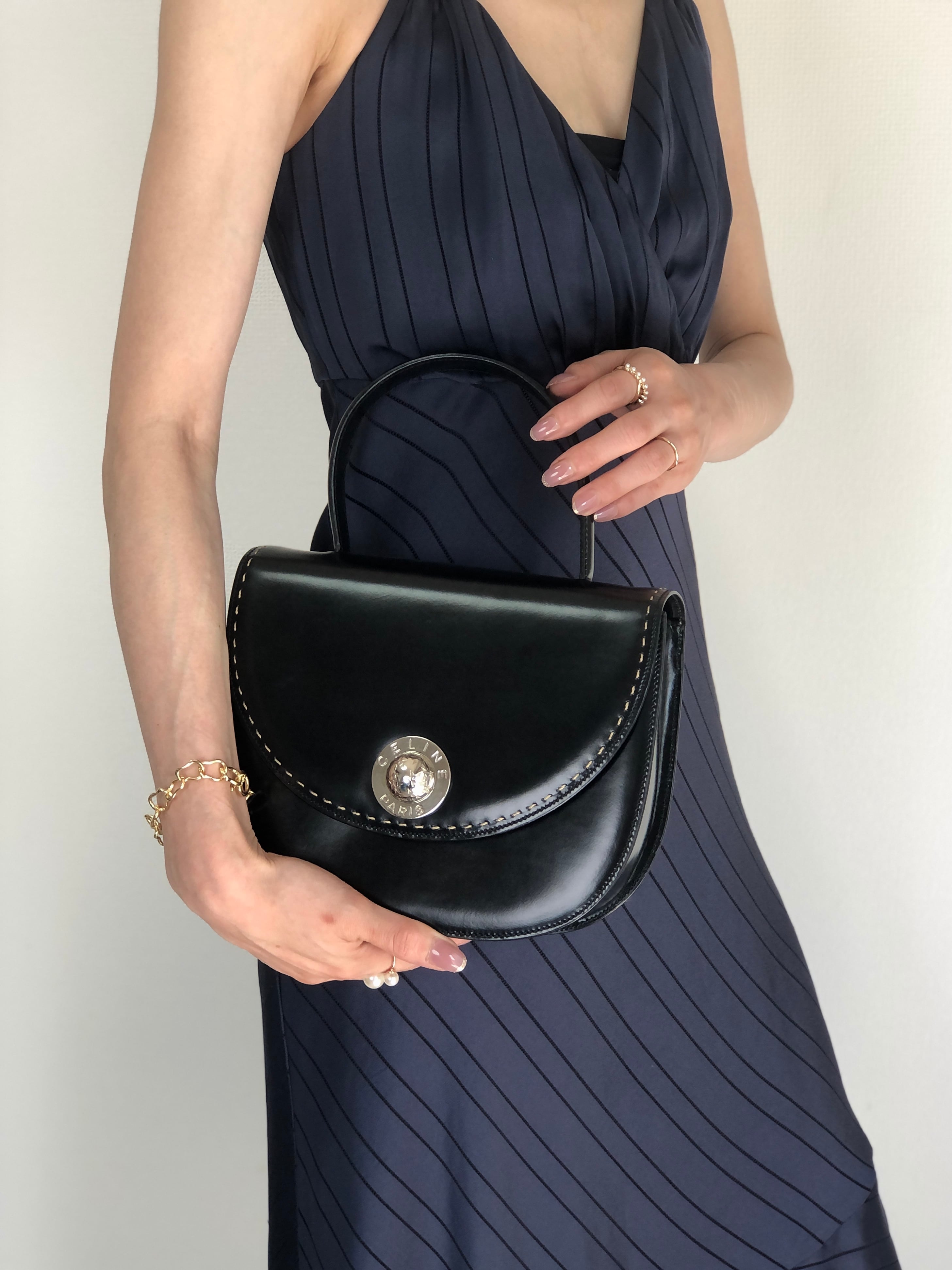 CELINE セリーヌ ハンドバッグ ブラック スターボール ステッチ レザー ラウンド vintage ヴィンテージ オールド 2ngrau